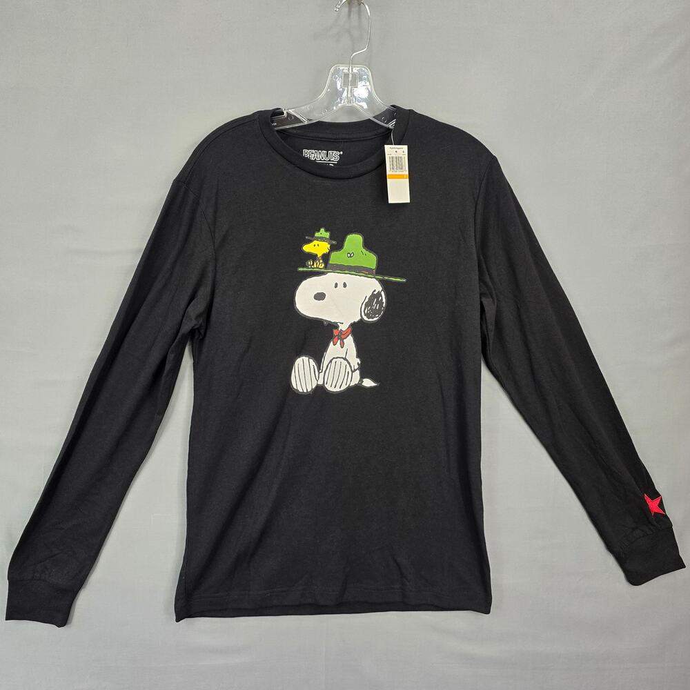 Snoopy Peanuts Black Shirt NEW Tee Size S Boy Scouts Graphic Long Sleeve Men Top